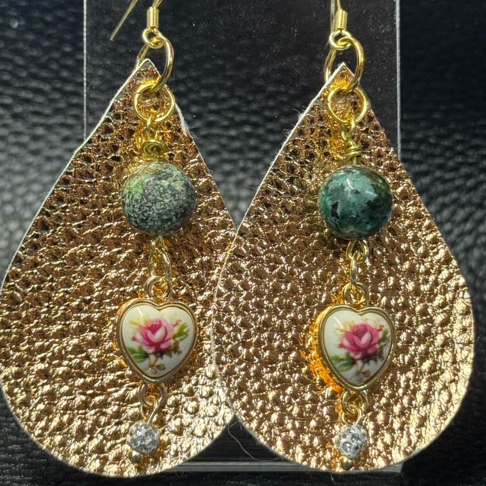 Handmade copper metallic faux leather earrings with flowered hearts